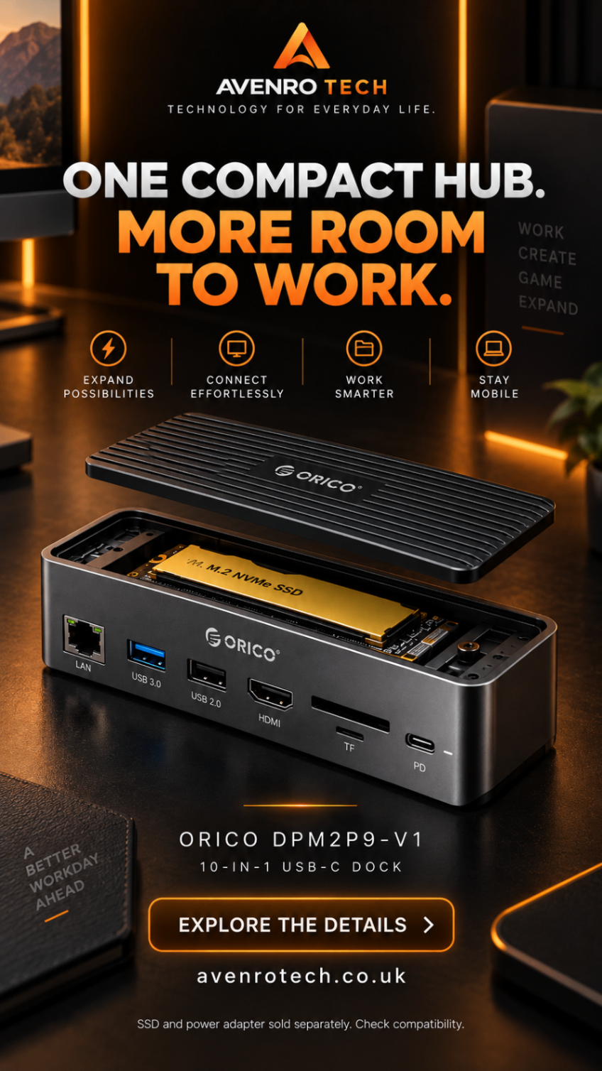 Compact ORICO DPM2P9-V1 hub in a workspace